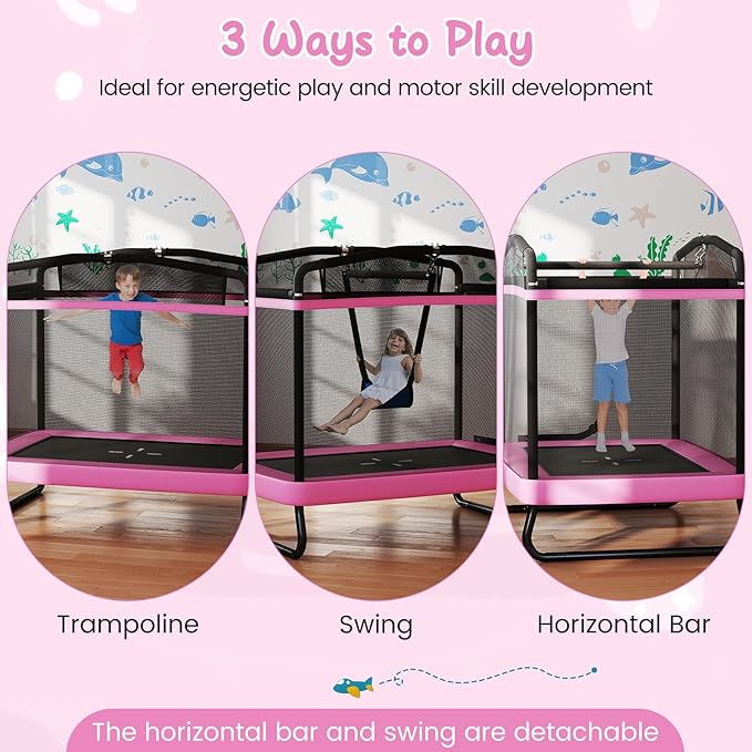 Goplus 6 x 4 FT Rectangle Kids Trampoline, Indoor Outdoor Recreational Trampoline with Swing, Gymnastics Bar & Safety Enclosure Net, ASTM Compliant Gift for Children Boys Girls