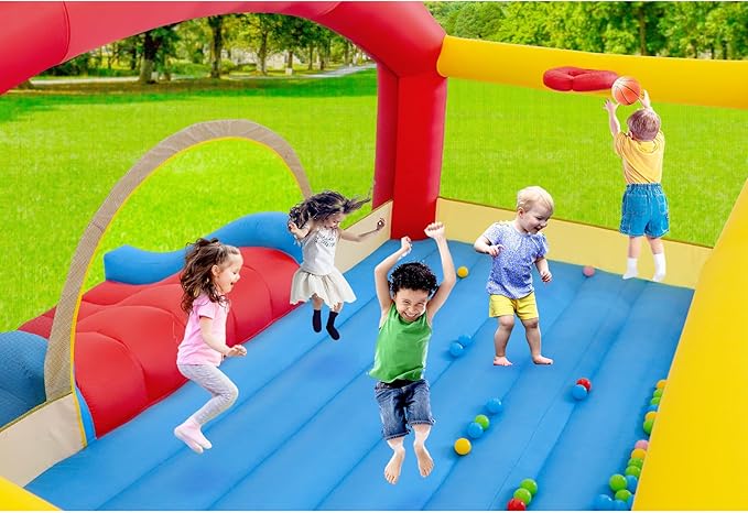 Inflatable Bounce House for Kids, 14.3 x 12.5 FT Bouncy Castle Jumper Slide with 520W Blower, Basketball Hoop, Throwing Ball Game, Ball Pits, Red