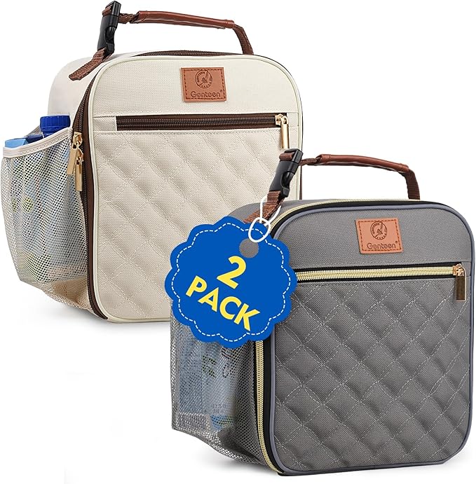 Genteen Lunch Bag for Women Men Girls Teens Insulated Leakproof LunchBox for Adult Reusable Lunch Box with Bottle Holder for Work Office School Travel Picnic-Gray/White