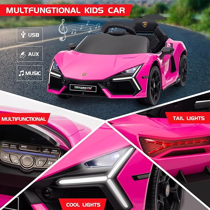 Winado 12V Ride on Car, Licensed Lamborghini Revuelto Electric Car for Toddlers W/Remote Control, Battery Car for Kids with Bluetooth, Hydraulic Doors, 3 Speeds, LED Lights, Music (Pink)