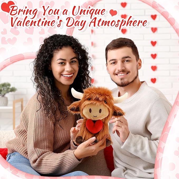 1 Pcs Fall Highland Cows Stuffed Love Animal Brown Cute Heart Stuff Fluffy Cattle Dolls Farm Plush Toy Gifts Thanksgiving Decoration for Adults Men and Women