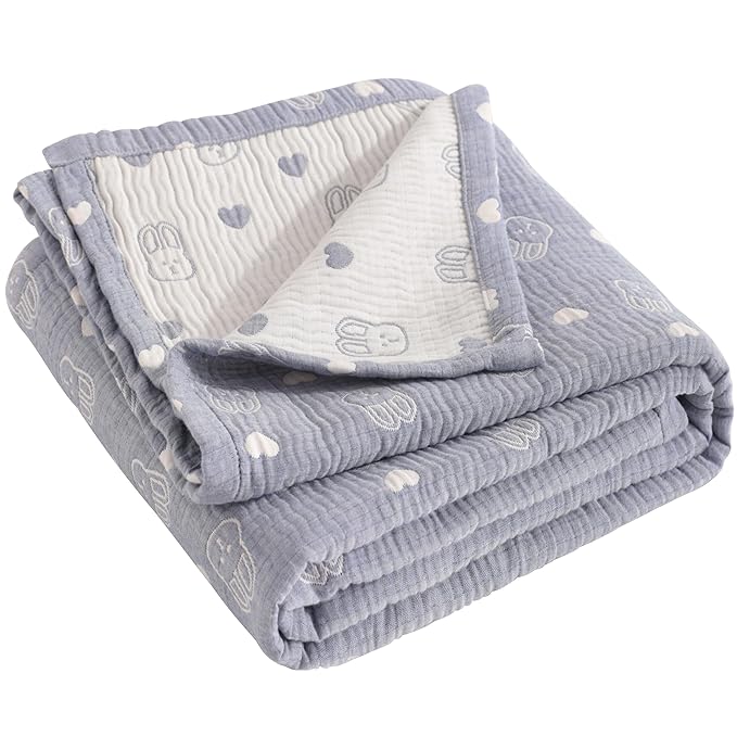 NTBAY 3 Layer Muslin Cotton Toddler Blanket, Jacquard Reversible Nursery Bed Blanket, Super Soft and Thermal for All Seasons, Decoration Gift, 30"x40", Blue Rabbit