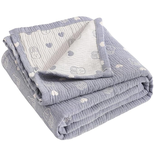 NTBAY 3 Layer Oversized Muslin Cotton Toddler Blanket, Jacquard Reversible Nursery Bed Blanket, Super Soft and Thermal for All Seasons, Baby Gift, 45"x60", Blue Rabbit