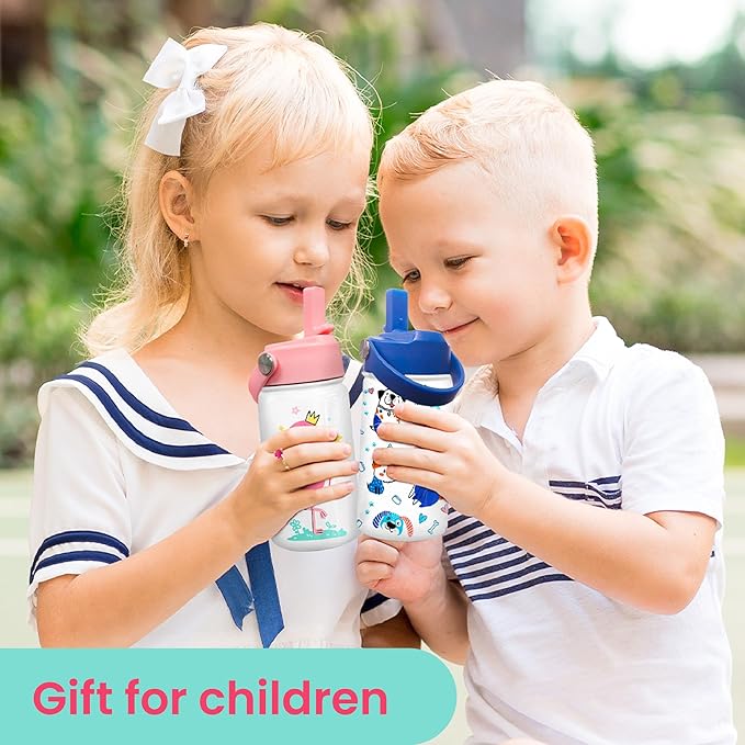 Flamingo Water Bottle - Kids Water Bottle with Straw Lid - 12 Oz Insulated Stainless Steel Water Bottles for Kid Girls - Travel Cup for School Sports