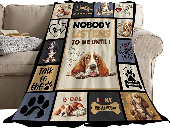 Basset Hound Blanket Fleece Soft Warm Plush Cute Dog Throw Blanket Lightweight Plush Fuzzy Cozy Dogs Animal Blankets Gift for Girls Boys Kids Adult Suitable for Couch Sofa Bed 80"X60"