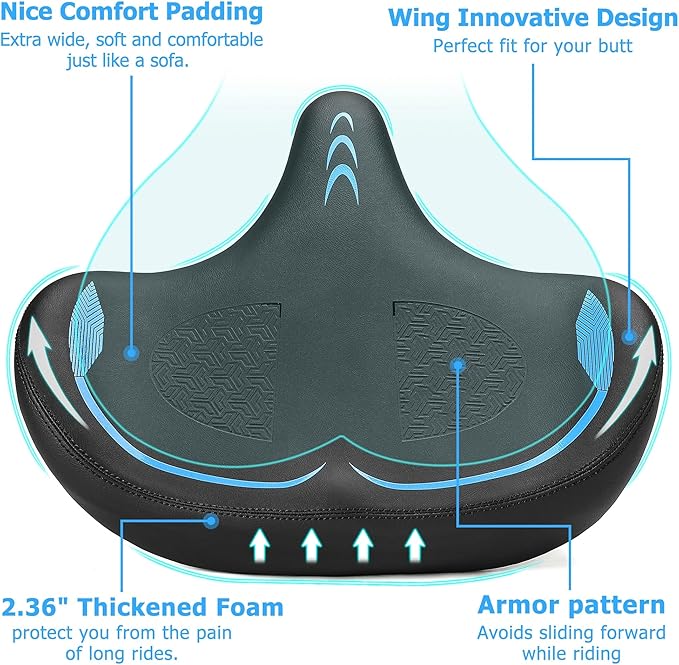 Oversized Bike Seat for Men & Women Comfort, Extra Wide Bicycle Seat Cushion, Comfortable Wing Padded, Large Replacement Saddle for Peloton, Stationary Exercise Bike, Ebike, Cruiser, City Bike
