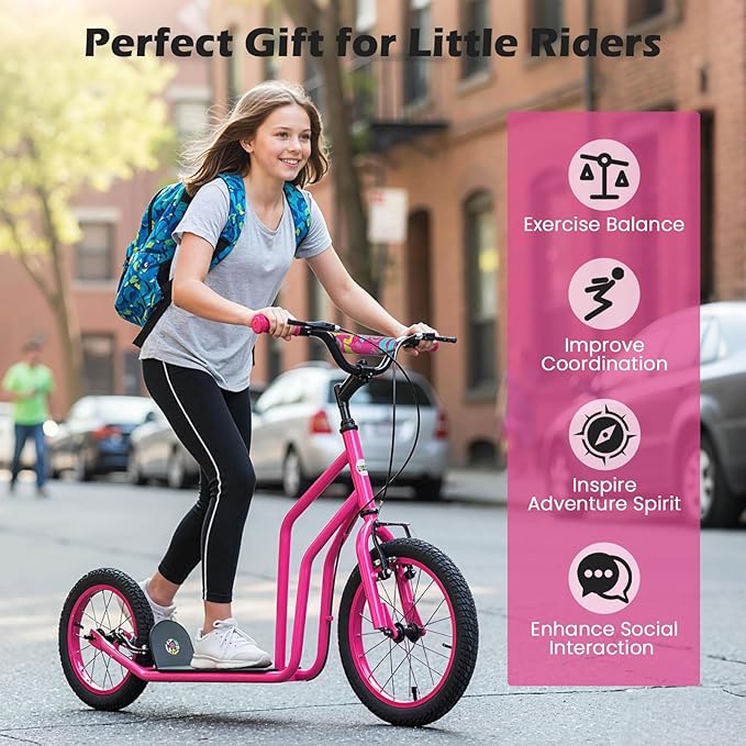 GYMAX Youth Scooter, Height Adjustable Kick Scooters with Extra Large Inflatable 16” Front & 14” Rear Wheels, Dual Hand Brakes & Kickstand, Heavy Duty Scooter for Teens Adults