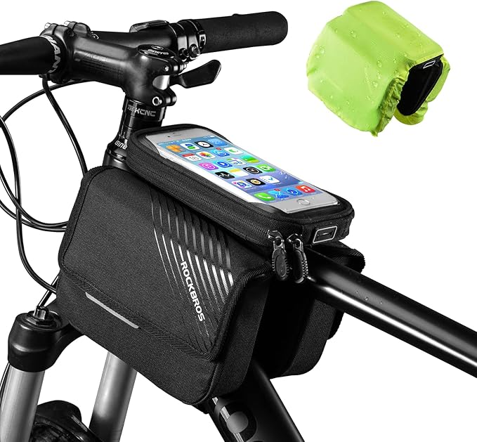ROCKBROS Bike Frame Bag, Waterproof Top Tube Bike Bag, Large Storage Touch Screen Bike Cell Phone Holder Suitable for iphone X,11,12,13,14 Below 6.4"