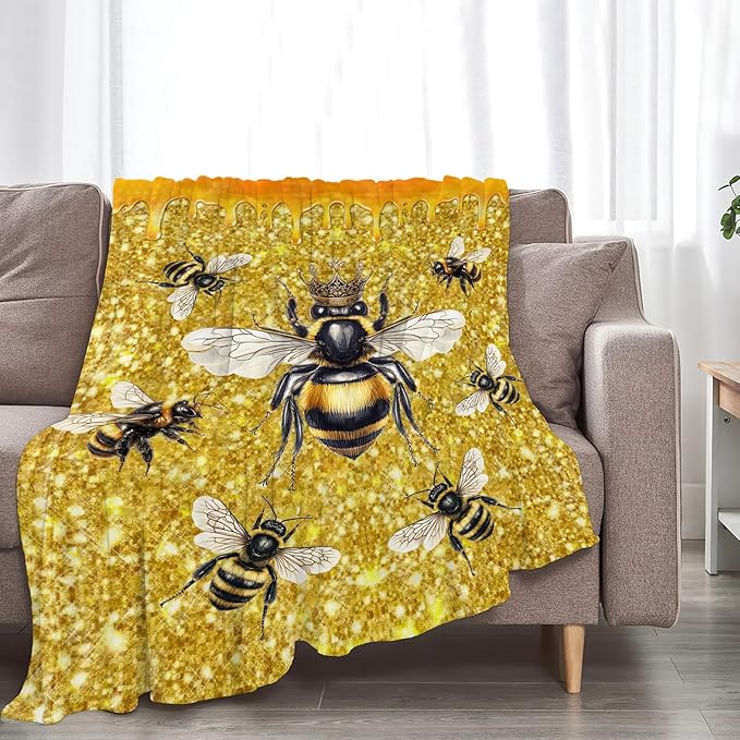 Bee Blanket Fleece Soft Warm Plush Bee Queen Throw Blankets Lightweight Plush Fuzzy Cozy Golden Honeycomb Blanket Gifts for Kids Adults Suitable for Couch Sofa 80"X60"