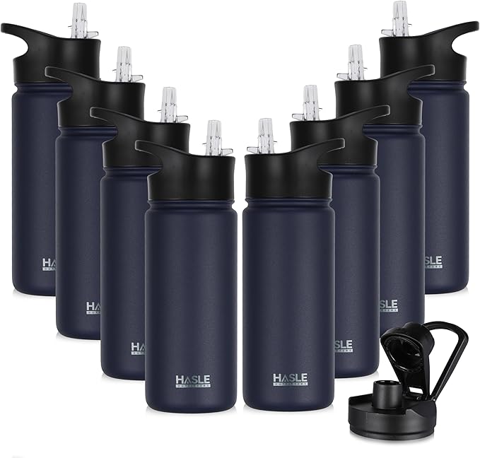 HASLE OUTFITTERS Insulated Water Bottle 16 oz Double Wall Vacuum Stainless Steel Water Bottle Leak Proof for School Wide Mouth with Straw Lid & Spout Lid Keeps Cold and Hot(Navy,8pack)