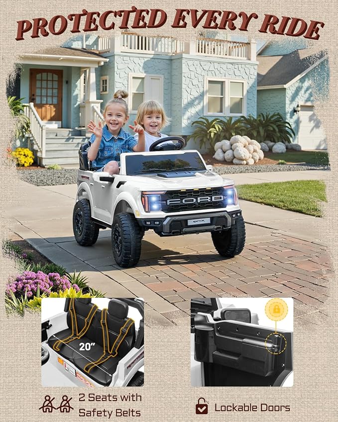 First Ride On 24V Kids Ride On Truck, Licensed Ford F-150 Raptor 2 Seater Electric Car w/Remote Control, Toddler Ride On Car Toys w/LED Lights, Bluetooth, Music, Truck Bed Storage, Soft Start (White)