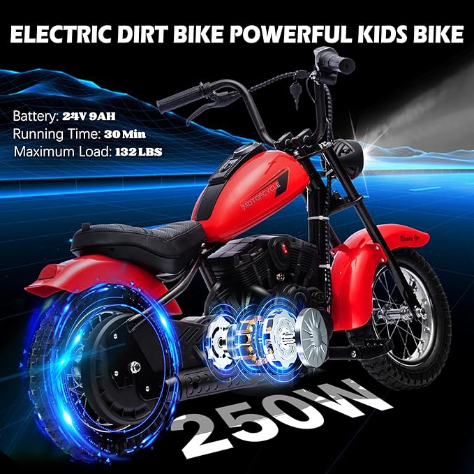 Kids Electric Motorcycle, 24V Electric Dirt Bike for Kids, 250W Motor 14MPH Fast Speed Retro Motocross, Electric Dirt Bike with LED Lights, Leather Seat, Red