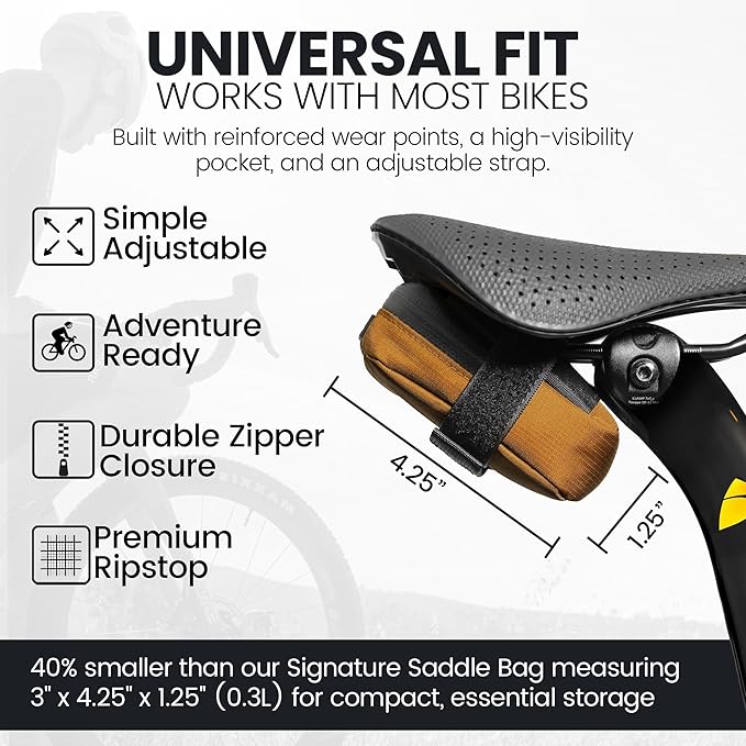Compact Bike Saddle Bag – California Gold | 0.3L Bike Seat Bag (3" x 4.25" x 1.25") | Water-Resistant Ripstop, Waterproof Zipper, Internal Pocket | Durable Under Seat Storage