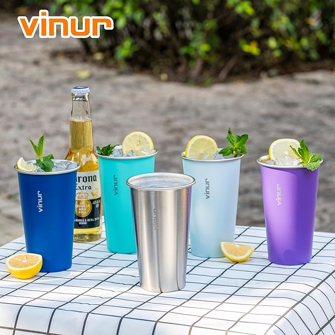 VINUR 4 Pack Stainless Steel Cups 20 oz Pint Tumbler Stackable Metal Drinking Glasses for Travel, Camping, Outdoors (Baby Blue-Navy-Teal-Purple)