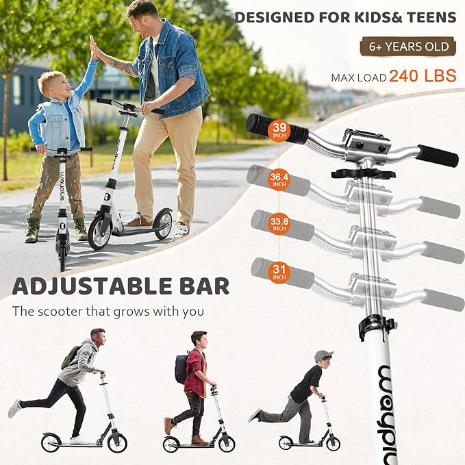 Kick Scooter for Ages 6+,Kid, Teens & Adults. Max Load 240 LBS. Foldable, Lightweight, 8IN Big Wheels for Kids, Teen and Adults, 4 Adjustable Levels. Bearing ABEC9