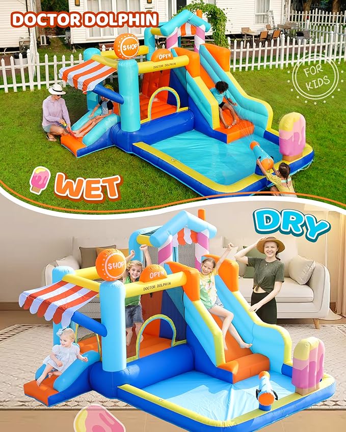Doctor Dolphin Inflatable Bounce House with Slide and Blower for Kids, Double Slide Jumping Inflatable Bouncer Blow Up Bouncy Castle with Ball Pit for Indoors and Outdoors