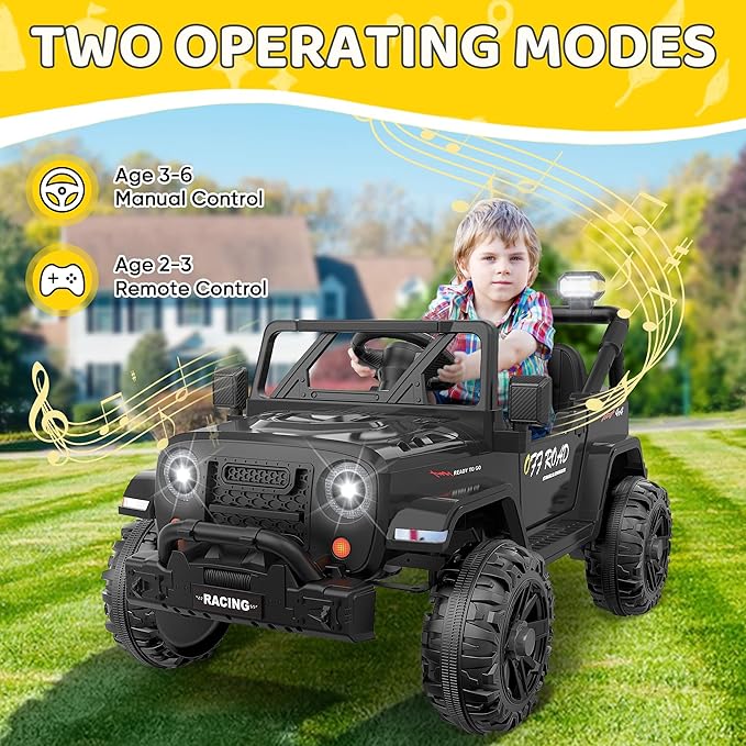 12V Ride On Truck Car with Remote Control, Kids Electric Vehicles with Bluetooth Music, Horn, 3 Speeds, 4 LED Lights, Soft Start, Ride on Toys for Toddler Boys & Girls (Black)