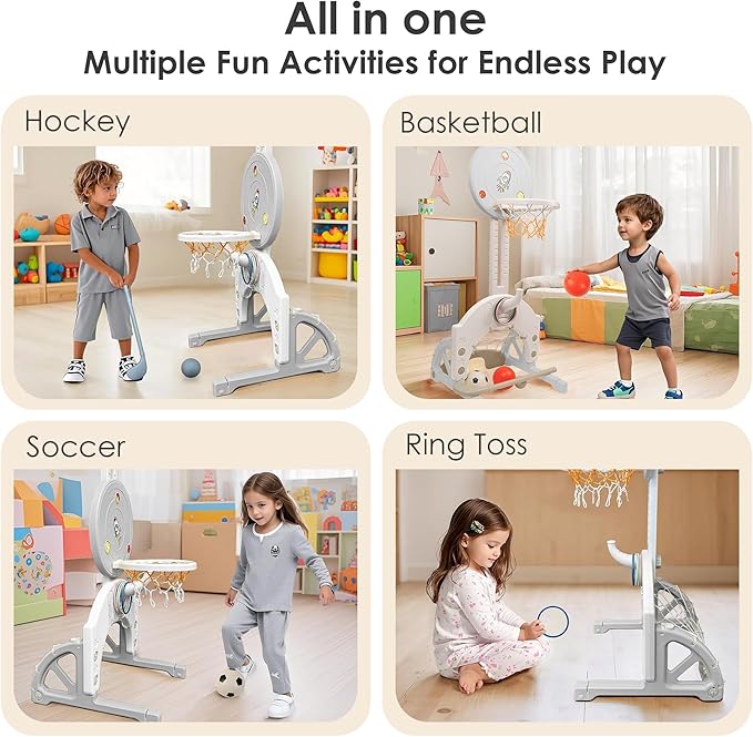 4-in-1 Toddler Basketball Hoop Adjustable Height Indoor Outdoor Sports Center for Kids Aged 1-3 Basketball, Soccer, Hockey & Ring Toss, Grey and White