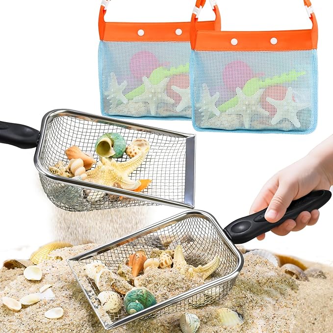 2 PCS Beach Mesh Shovel Sand Sifters with 2 PCS Mesh Beach Bag, Shark Tooth Sifter for Shell Collecting, Filter Sand Scooper Shells Tools for Boys and Girls