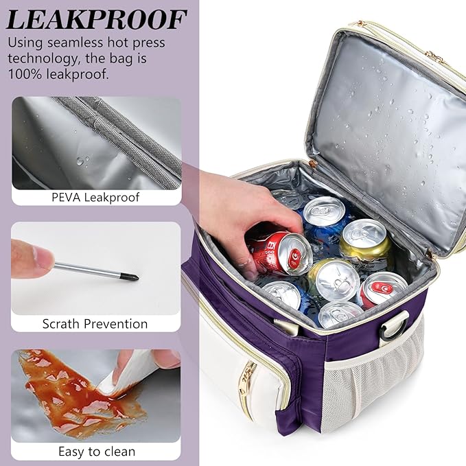 LOKASS Lunch Box for Women-16L-Insulated Lunch Bag Women, Expandable Double-layer Leakproof Cooler Bag with Upgrade Adjustable Shoulder Strap Ideal for Work/Picnics（Purple）