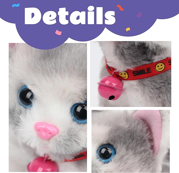Cuteoy Walking Grey Cat Stuffed Animal Talking Wagging Nodding Educational Plush Kitty Toy Electric Interactive Animated Plushies for Girls Boys Birthday, 7"
