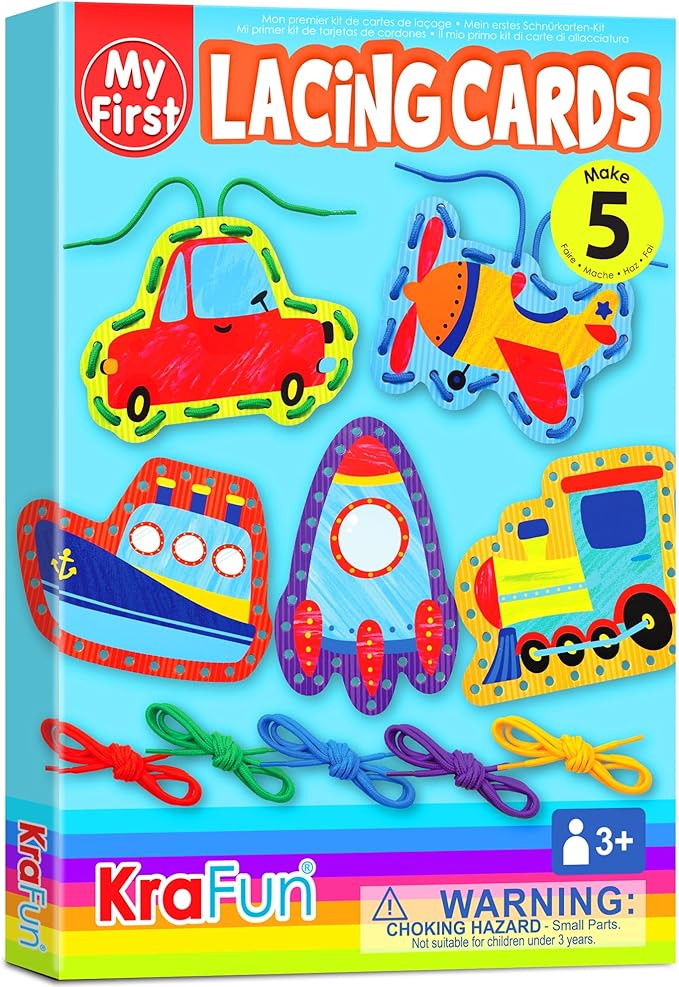 KRAFUN Preschool Beginner First Lacing Card Kit for Kids Training Arts & Crafts, 5 Easy Transport and Cars Lacing Projects, Craft Paper Cards for Toddlers, Fine Motor Skills Toys