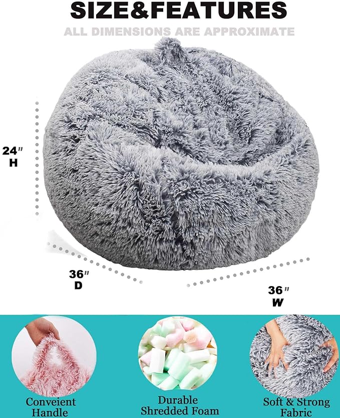Fluffy Bean Bag Chair, 3FT Round Memory Foam Filled Bean Bag for Teens & Kids, Ultra Soft Faux Fur Fabric Bean Bag Chairs for Playroom, Living Room, Bedroom, Gray
