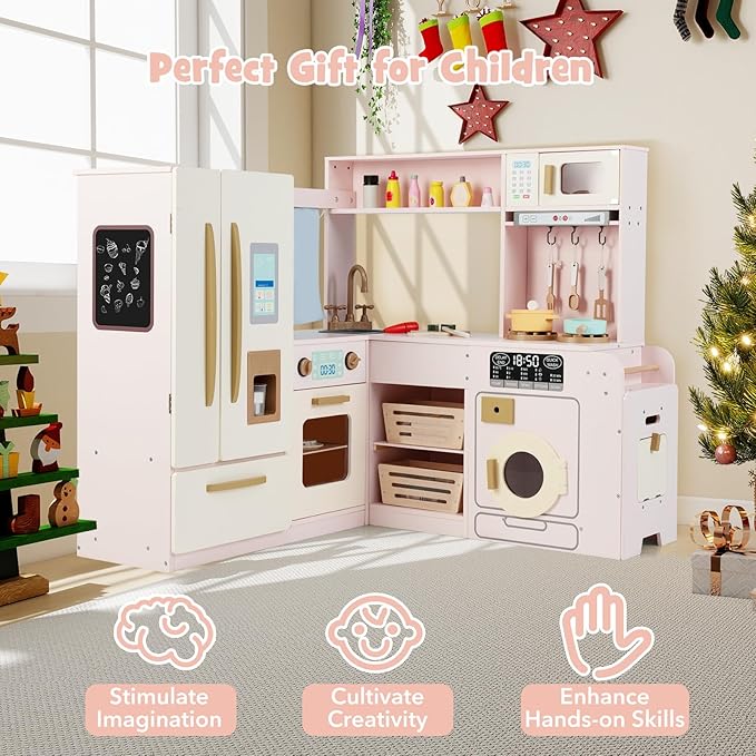 Costzon Corner Kitchen Playset, Kitchen Toy Set w/Real Lights & Sounds, Large Fridge, Ice Maker, Oven, Microwave, Washer, Trash Can & 22 Accessories, Wooden Pretend Play Kitchen for Kids 3+ (Pink)