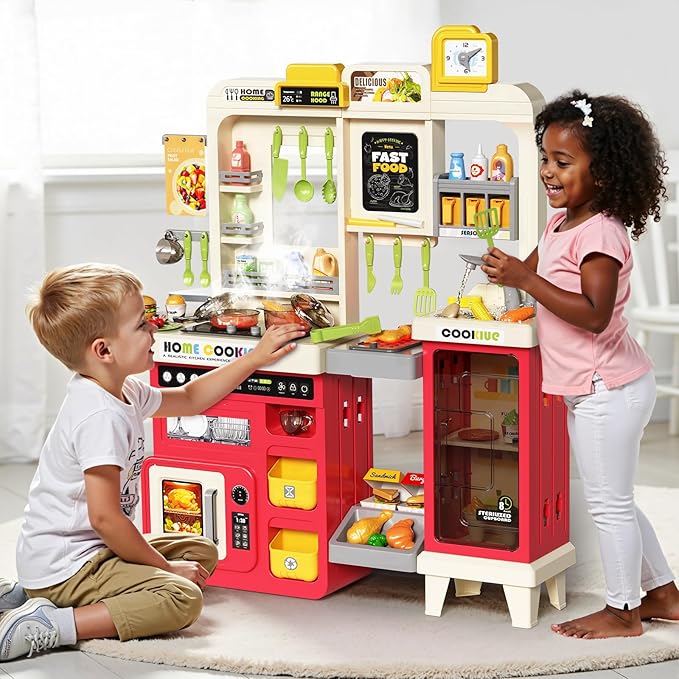 Kids Kitchen Playset, Play Kitchen with Stove, Grill, Sink, Play Food, ToyKitchen Accessories, Cooking Kitchen with Lights Sound Steam, Pretend Play Toys for Kids Toddler