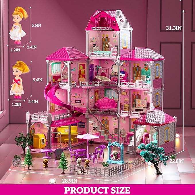 Villa Playset for Girls Ages 3-7, 4-Story 12 Room House with 2 Dolls, Furniture and Accessories, Indoor Playset Girls Toys for Ages 6-8, Pretend Toddler Toy, Birthday Gifts for Kids 4-8