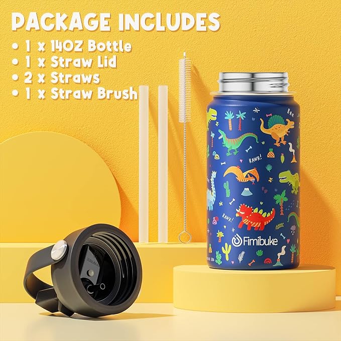 Fimibuke Kids Insulated Water Bottle, 14oz BPA FREE 18/8 Stainless Steel Travel Tumbler Double Wall Vacuum Leak Proof Kids Cup with Straw Metal Bottles for School Boys Girls (1 Pack, Green Dinosaur)