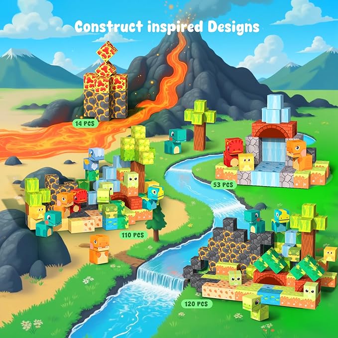 Magnetic Blocks— 120PCS Magnet Toys for Kids, Magnetic Building Blocks Cubes, Montessori Sensory Stacking Magnets, School STEM Toys Birthday Gifts for Boys and Girls Age 3+ Years Old (Dinosaur)