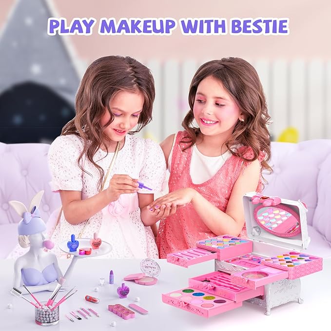 Kids Makeup Sets for Girls, 66pcs Real Cosmetic for Kids Toys with Mirror, Princess Washable Girls Makeup Kit, Non-Toxic & Safe Brithday Gifts for 3 4 5 6 7 8 10 - 12 Years Old（Light Pink）