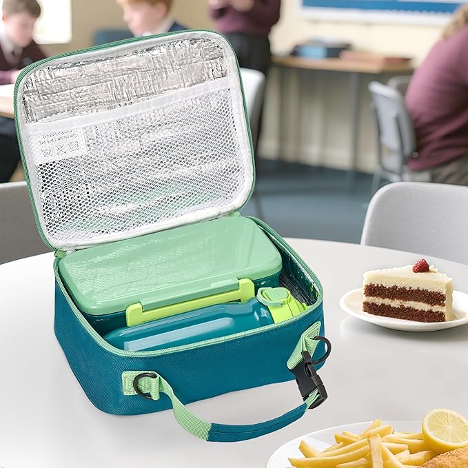 PIQUEBAR Kids Lunch Bento Box with Thermo Ice Pack Food Container with Insulated Lunch Bag, Insulated Water Bottle with Straw for Girls Boys, (A-Green)