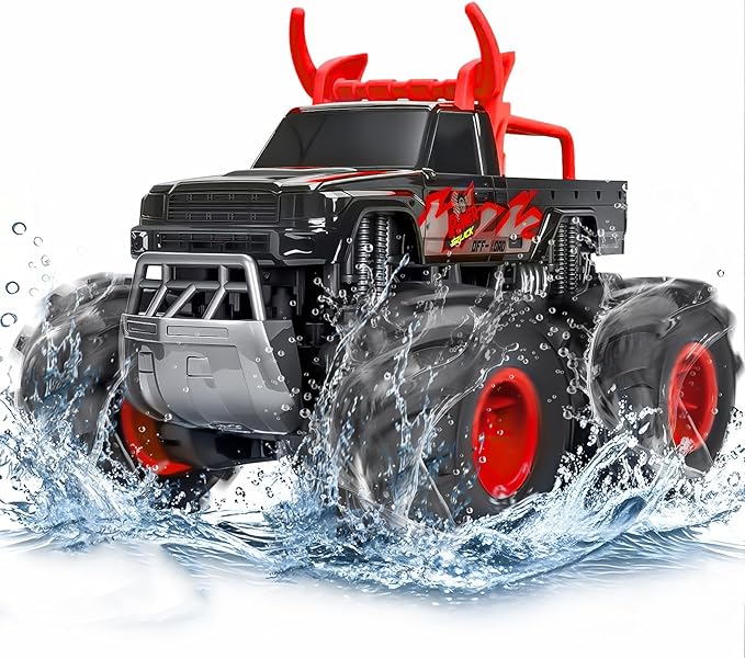 1:16 Waterproof Monster Truck Toys RC Cars, 2.4GHz Remote Control Truck for Kids Boy Ages 8,9,10,11,12 Years Old, 4WD All Terrain Off-Road with LED Lights RC Boat for Boy Girl Birthday Gift - Red
