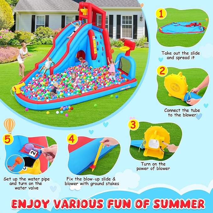 ROOJER Inflatable Water Slide for Kids Backyard 9-in-1 Blow Up Water Park with 470W Blower, Dump Bucket, Adventure Play Tunnel, Splash Pool, Climbing Wall, Cannon, Goal Shooting Zone, Basketball Hoop