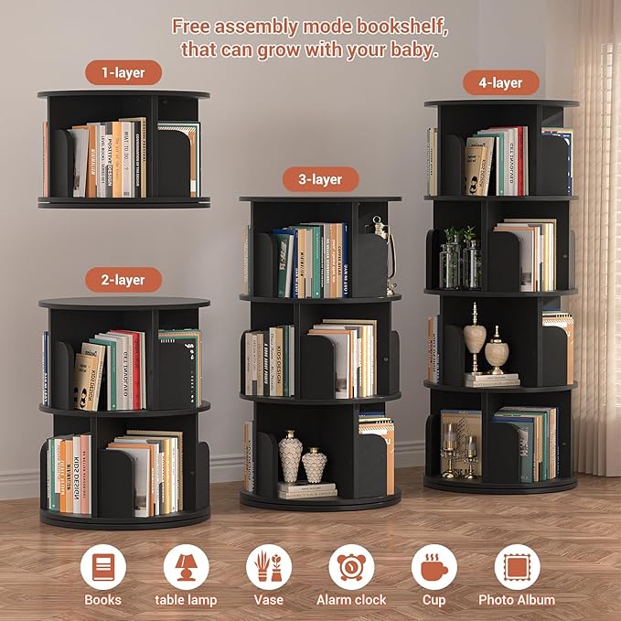 Rotating Bookshelf, Wood Corner Bookshelf, 360 Display Spinning Bookcase Storage Rack, 4 Tier Floor Standing Revolving Bookcase Narrow Book Shelf Organizer for Small Space, Bedroom, Black