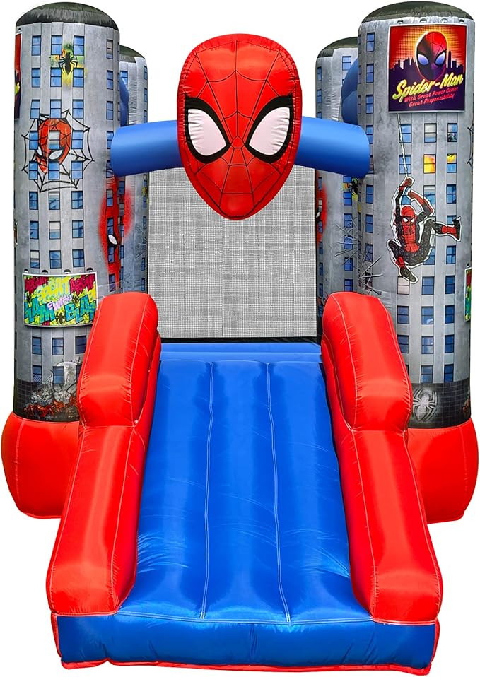 Funormous Marvel Spider-Man Bounce House with Slide, Kids Inflatable Spiderman Bouncy Castle Indoor Outdoor Plus Heavy Duty Air Blower