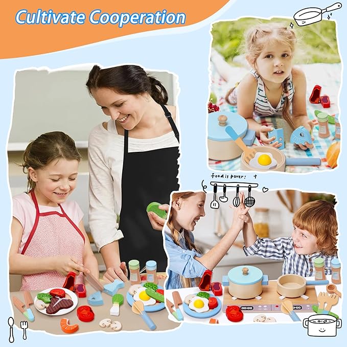 Play Kitchen Accessories, Wooden Play Cooking Set, Pretend Play Kitchen Set for Kids, Including Stove, Cookware Pots and Pans, Cooking Utensils Playset, Cutting Food Playset for Girls Boys Toddler