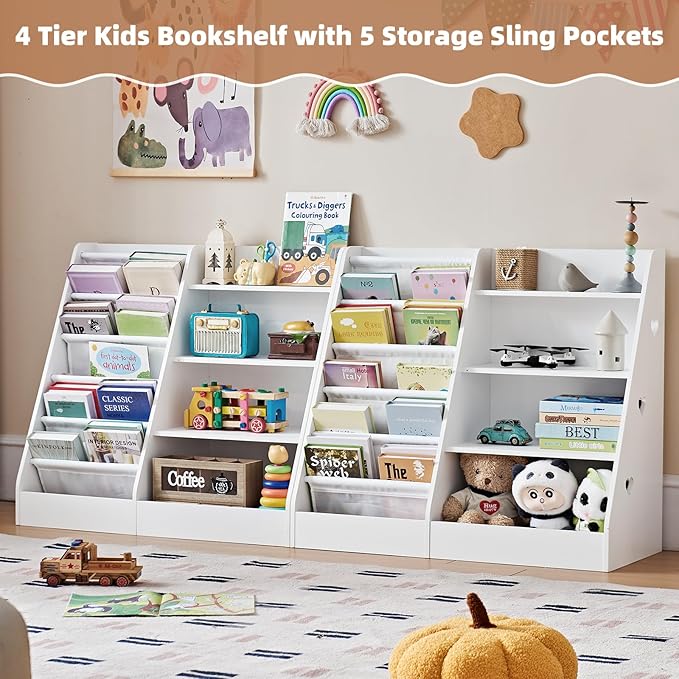Lerliuo 4 Tier Kids Bookshelf and Storage Organizer, Five Layer Sling Children Bookcase, Baby Toddler Wooden Book Shelf, Display Cabinet for Playroom, Bedroom, Classroom, Nursery, School (White)