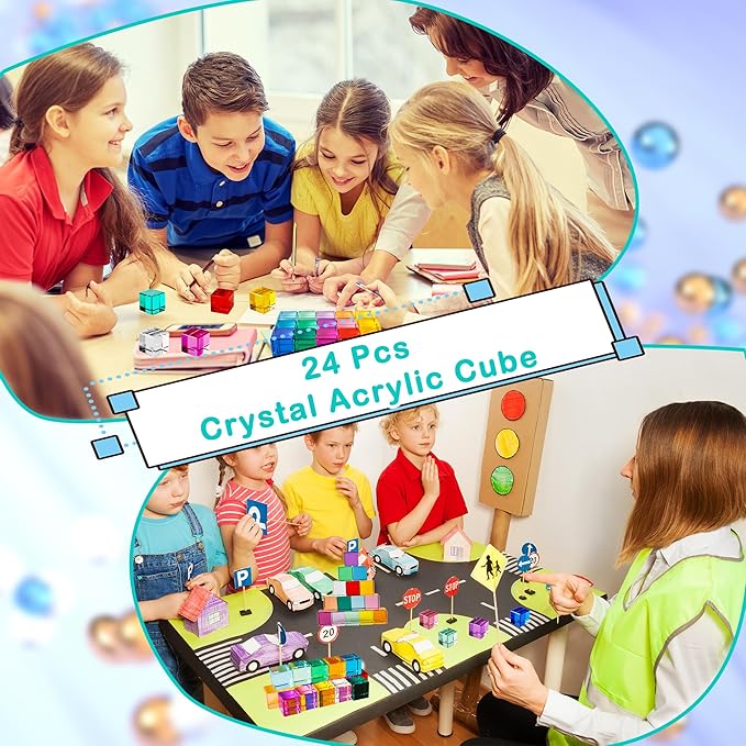 24 Pcs Rainbow Blocks Cubes Acrylic Crystal Stacking Gem Cubes Toys Building Blocks Light Shadow Educational Sensory Training for Students Learning Boys Girls Play