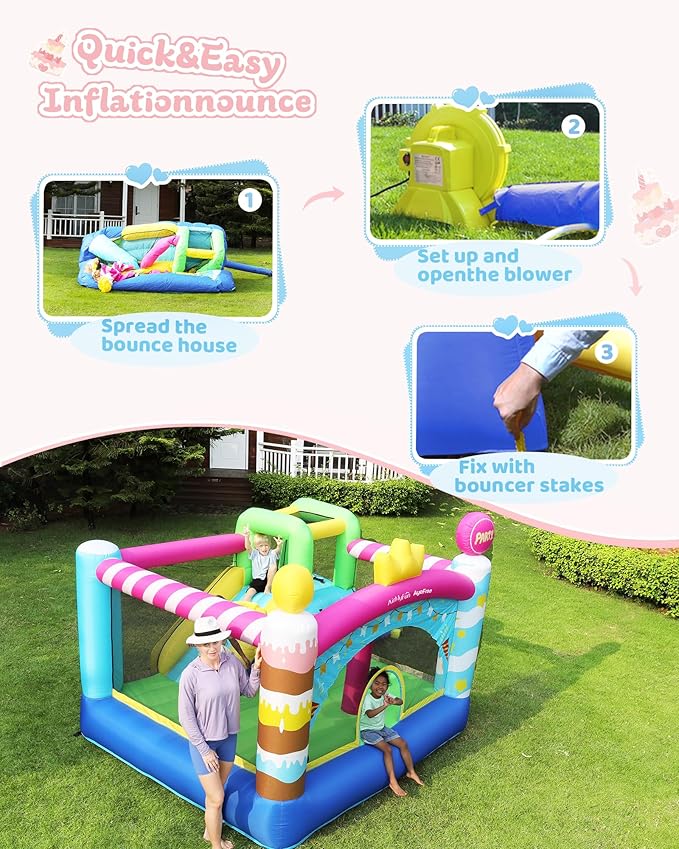 AirMyFun & AyoFree Bounce House, Bouncy House with Slide, Indoor Outdoor Inflatable Bounce House for Kids, Party Theme Bounce Castle with Large Jumping Area, Basketball Hoop