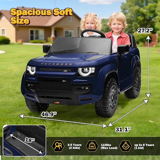 24V Licensed Land Rover 2 Seater Ride on Car for Kids, Battery Powered Electric Car Ride on Vehicle with Parent Remote Control, LED Light, Spring Suspension, Suitable for Aged 3-8, Blue