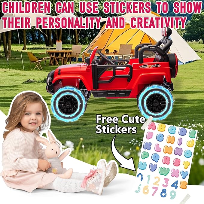 24V XL Kids Electric Ride on Truck Car 2 Seater Remote Control for Toddlers 2-8, 160W 2 Motors 5MPH Max Speed, Bluetooth USB Music Player, LED Lights Safety Belt, Gift for Boys Girls, Red