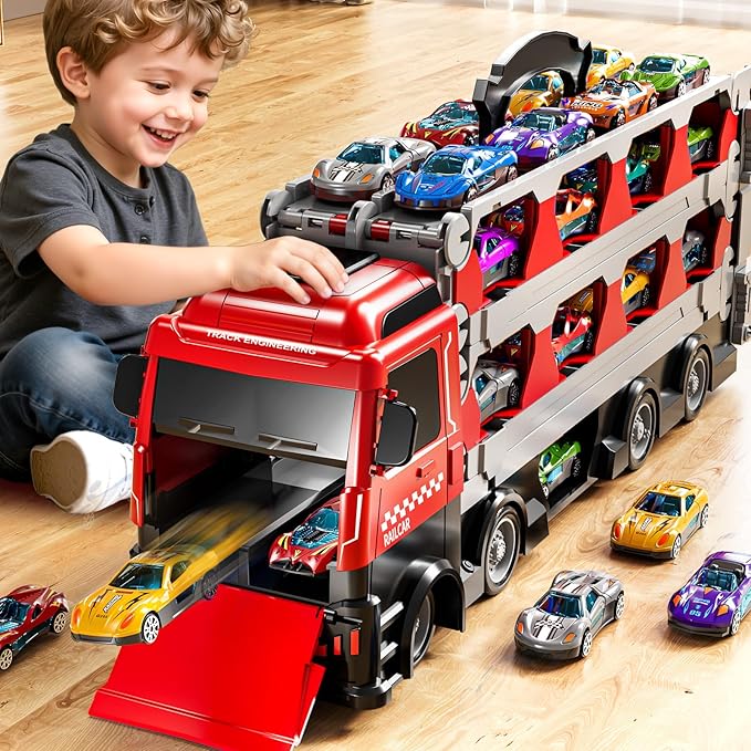 Cars Truck Set Transport Toy for Kids, Race Track Set with 12 Die-Cast Cars, Trucks Playset, 2-Tier Launching Tracks, Carrier Toy for Boys Girls Birthday Gifts for Boys Ages 1-3 2-4 3-5 4-7