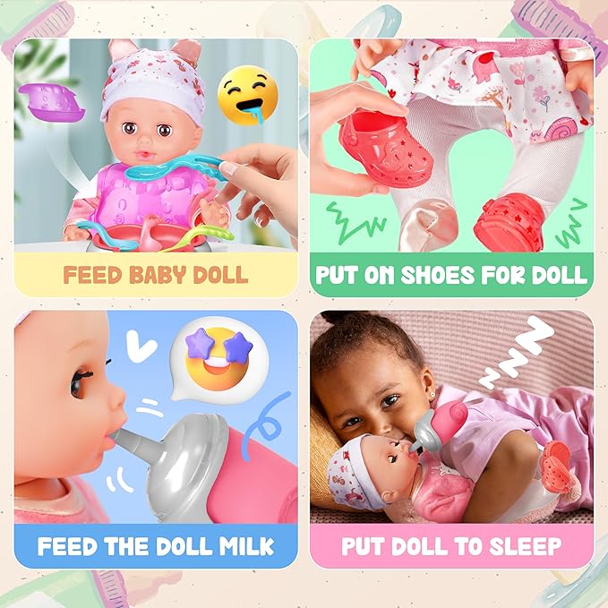 SMILESSKIDDO Baby Doll with Backpack Carrier, 14'' Realistic Dolls with Accessories, Includes Feeding Playset, Baby Care Set, Toddler Pretend Play Babydoll Toys for 1 2 3+ Year Old Kids Girls