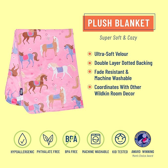 Wildkin Plush Baby Blanket – Soft & Cozy Comfort, Ideal for Toddlers, Travel & Daycare - Horses