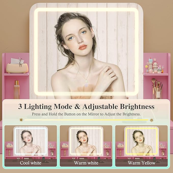 Vanity Desk with Mirror and Lights,Makeup Vanity Table with Lights & 5 Drawers,Makeup Desk with Charging Station & Cabinets Adjustable Width, Modern Dressing Table for Bedroom,Pink