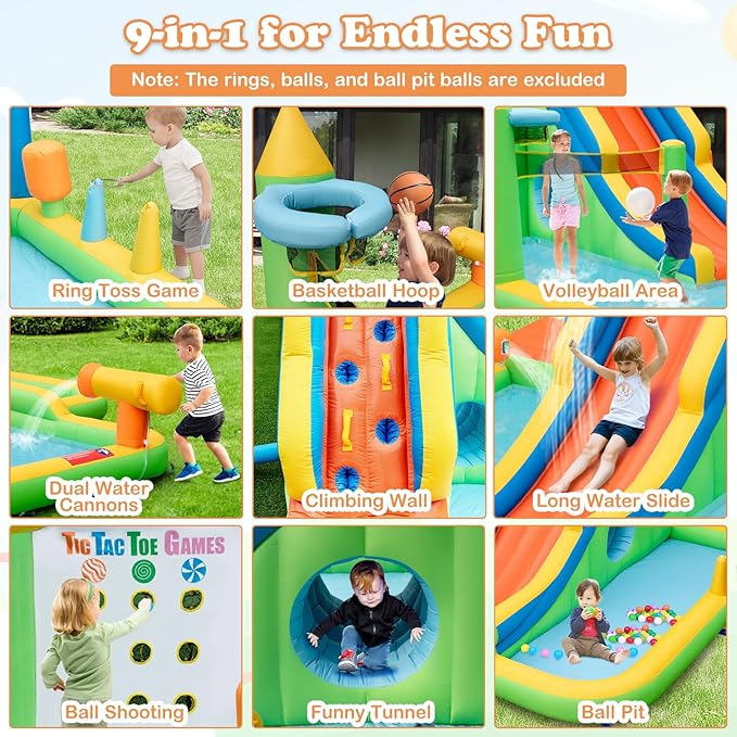 BOUNTECH Inflatable Water Slide, Elephant Surfing Slide Kids Water Park Jump Bouncy Castle w/Blower, 2 Splash Pools, Hide&Seek Cave, Outdoor Water Slides Inflatables for Big Kids Backyard Party Gifts