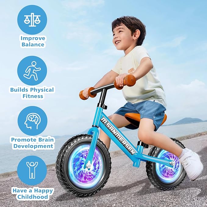 Colorful Lighting 12 Inch No Pedal Balance Bicycle Bike for Kids,Age 24 Months to 5 Years Old Lightweight Steady Balancing Bike with Adjustable Handlebar&Seat,Birthday Gift for 2 3 4 5 Year Old.